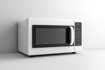 Fototapeta premium White microwave oven standing on kitchen counter in minimalist style