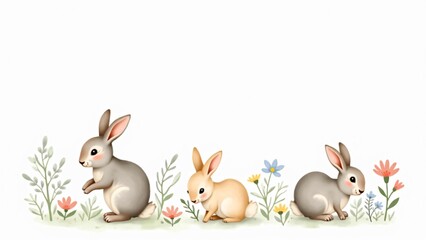 Fototapeta premium Delicate watercolor bunnies surrounded by pastel flowers and foliage. A serene and minimal design, perfect for spring-themed cards, nursery art, or elegant Easter prints.