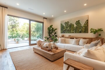 Modern living room showcasing biophilic design with tropical plants and natural materials