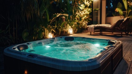 Serene Outdoor Hot Tub Surrounded by Lush Tropical Plants at Night