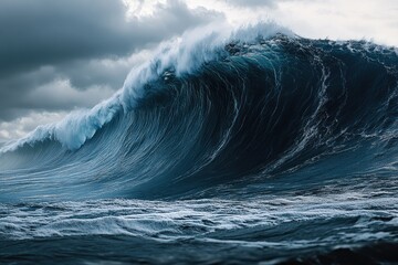 Giant ocean wave breaking under stormy sky