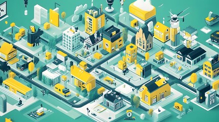 Vibrant cityscape illustration in turquoise and yellow hues, depicting urban life.
