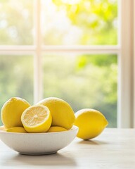 Fresh Yellow Lemons in Bowl on Bright Table with Natural Light