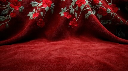 Red Fleece Blanket with Floral Embroidery  Cozy Texture  Soft Fabric  Home Decor