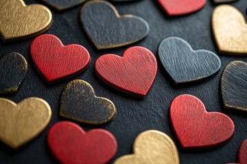 Obraz premium Red, black and gold wooden hearts forming a romantic background for valentine's day