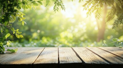 Serene Natural Landscape with Wooden Table and Soft Sunlight