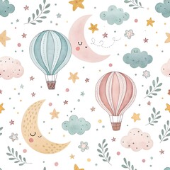 Kids bedroom pattern with pastel moon, balloons, clouds, and stars. Baby boho background. Nursery wall art, baby textile, printable paper. Isolated on white background. 
