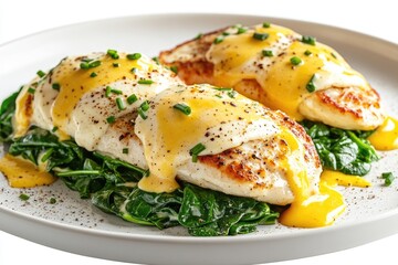 Grilled chicken breast with hollandaise sauce and spinach on white plate