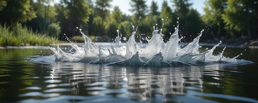 Dynamic motion of water splash crown on surface of pond, crown, surface