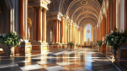 Fototapeta premium Sunlit grand hall with ornate columns