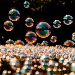 Naklejka premium Sparkling Rainbow Soap Bubbles Shimmering Colorful Reflecting Nature Light Backgroun
