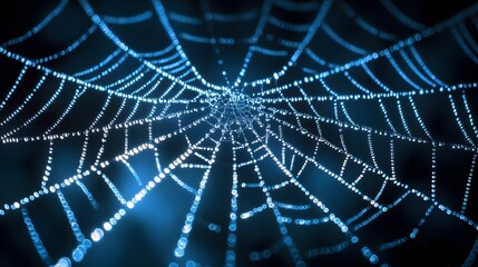Fototapeta premium Glistening spider web adorned with dew drops in soft blue light.