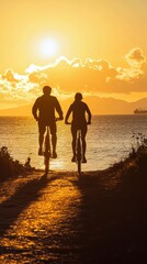 Fototapeta premium Romantic Sunset Bike Ride by the Water with Silhouetted Figures