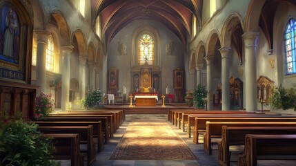 Fototapeta premium Serene church interior bathed in sunlight