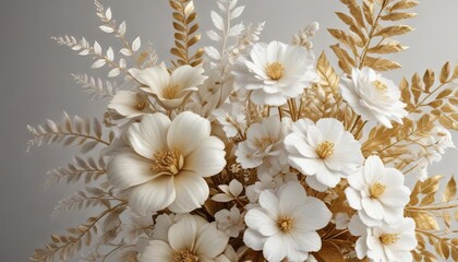 Elegant white and gold floral arrangement with intricate leaf details, lavish, gold foil, luxury branding, minimal, upscale