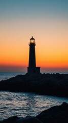 Majestic Lighthouse at Sunset Illuminating Calm Ocean Waters