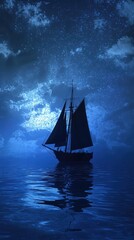 Fototapeta premium Majestic Sailing Ship at Night Under Starry Sky Reflection