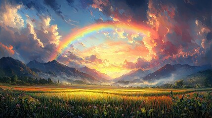 Obraz premium Vibrant sunrise over a vast field with a rainbow arching over majestic mountains.