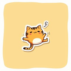 Obraz premium かわいいオレンジ猫、黒い縞模様と白い腹、日本の漫画スタイルのステッカー・アートデザイン、太い線と白い枠