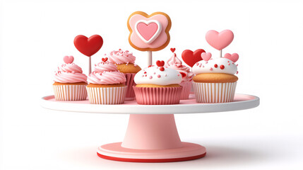 A high-quality 3D cartoon bakery counter adorned with cupcakes topped with heart designs.