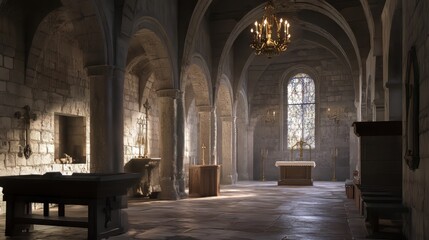 Fototapeta premium Serene stone chapel interior scene
