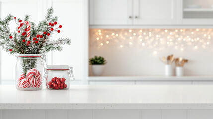 Festive kitchen decor with glass jar of red berries and candy canes, creating cheerful holiday atmosphere. background features soft lights, enhancing cozy vibe