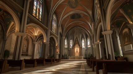 Fototapeta premium Serene church interior, sunlight streams in