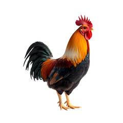 Fototapeta premium Rooster with Orange and Black Feathers Standing on a White Isolated Background