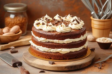 Layered Chocolate Cake with Cream Frosting in Kitchen