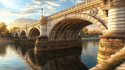 Obraz premium Historic Stone Bridge Spanning Serene River at Golden Sunset - Travel & Architecture