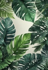 Exotic tropical leaves with watercolor effect and subtle shimmer, soft focus effect, organic design, exotic plants
