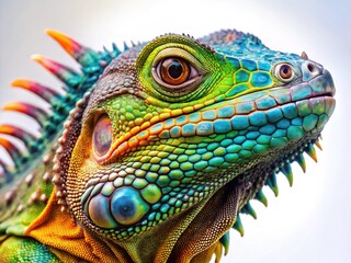 Obraz premium Close-Up Iguana Head Photography: Sharp, Bright Colors, Detailed Textures
