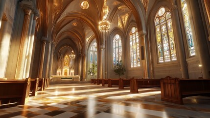 Obraz premium Sunlit church interior with stained glass