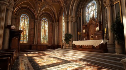 Fototapeta premium Sunlit Chapel Interior with Altar