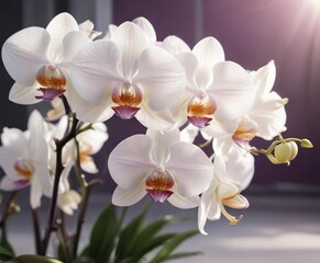 Exquisite white rare orchids with purple border and wavy petals in sunlight, sunlight, elegant, border, petals