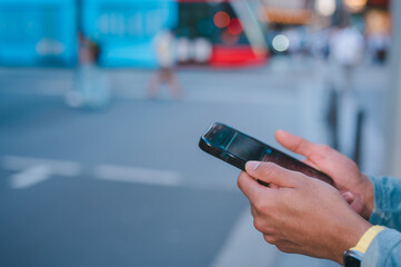 Social media marketing concept. hands using smartphone typing, chatting conversation in chat box icons pop up typing on a phone for communication search networking and texting on a mobile app