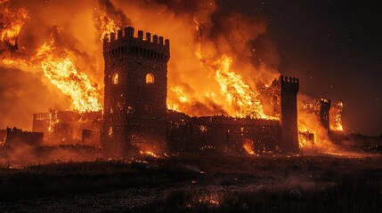 Fototapeta premium Fiery Castle Under Night Sky with Fiery Flames and Smoke