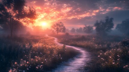 Fototapeta premium Serene sunset over a winding path in a lush landscape with soft lighting.