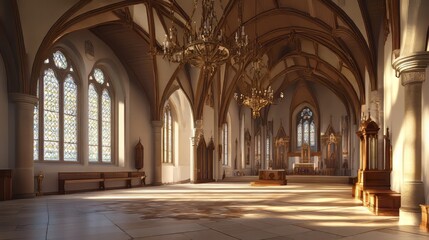 Fototapeta premium Sunlit church interior, serene space