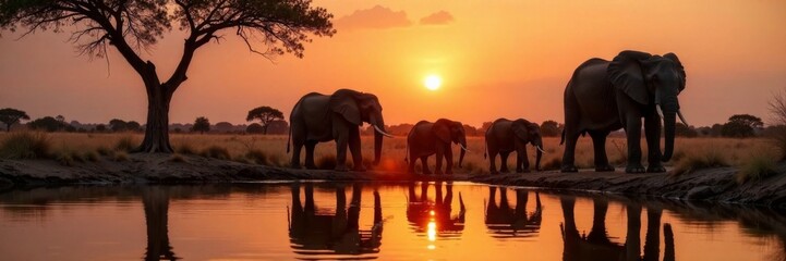 Fototapeta premium Elephant family drinking from a serene waterhole at sunset, animal friends, nature, sunset