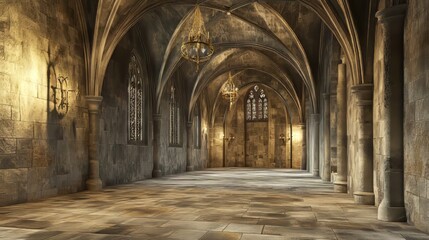 Obraz premium Grand stone hallway with arched ceilings