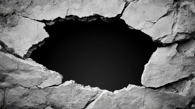 Cracked Concrete Wall: A Black and White Abstract Image of Destruction and Ruin