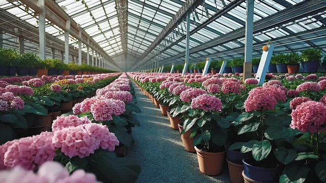 Lush flower farm showcasing vibrant pink hydrangeas in beautiful greenhouse, perfect for gardening and horticulture enthusiasts.