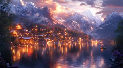 Scenic sunset over a tranquil village by a lake, surrounded by majestic mountains.