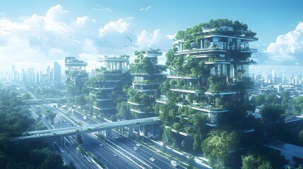 Naklejka premium Futuristic cityscape showcasing green architecture and urban sustainability.