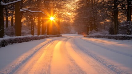 Sunbeams illuminate a snow-covered road at sunrise through a winter forest.