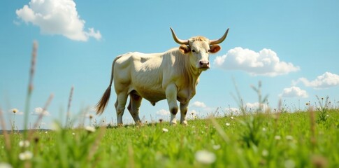 Fierce bull with blonde d'Aquitaine coat standing in lush green meadow under clear blue sky, bull breed, dAquitaine, bull