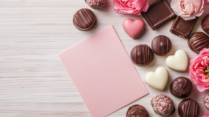 A romantic arrangement of chocolates and roses with a blank card, perfect for gifting on special occasions.