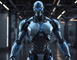 Fototapeta premium Futuristic robot with glowing blue circuits and metallic body, mechanical parts, futuristic robot, sci-fi theme, high-tech