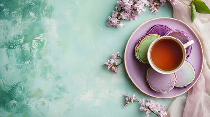 Flatlay of a breakfast scene with purple and green pancakes, a cup of tea